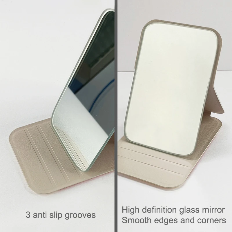 Mini espejo de bolsillo para maquillaje, herramienta de tocador de alta definición, portátil, de cuero PU, ángulo ajustable, pequeño, plegable