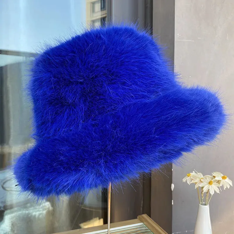 Blue Fluffy Faux Fur Bucket Hats Women Rabbit Fur Warm Thick Plush Winter Hat Y2k Grils Ins Fashion Furry Panama Fisherman Cap