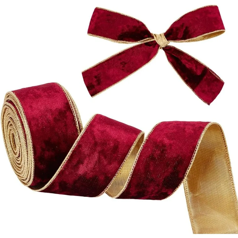 9.8 Yards Dark Red Velvet Wired Ribbon 2 inch Wide Velvet Ribbon Single Sided Velvet Fabric Ribbon Trim Gold Edged making kit