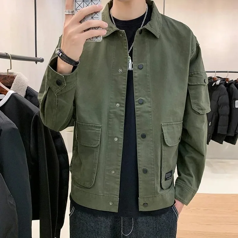 Men Loose Cargo Jacket Lapel Collar Multi Pockets Button‑Up Casual Street Work Outerwear Coat