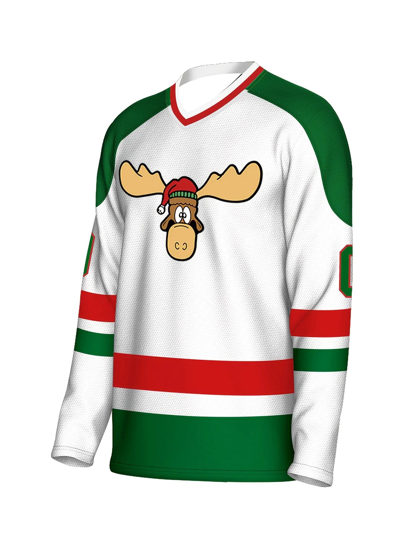 Christmas-Themed Hockey Jersey White/Green/Red Griswold 0 Moose with Santa Hat Graphic Festive Athletic Jersey for Holiday Fans