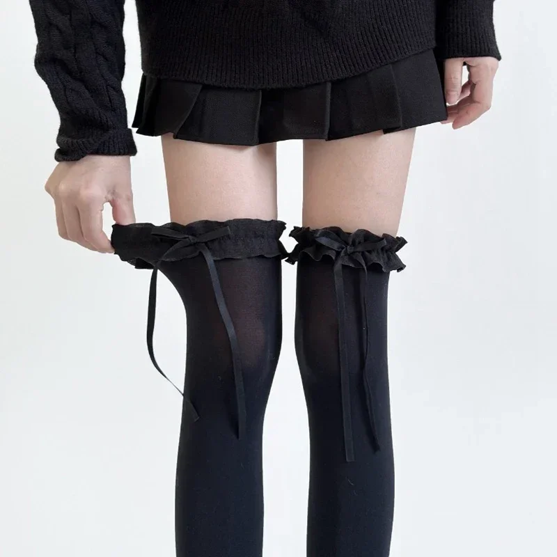 

Women Lace Black White Ruffle Long Socks Women Girls Sweet Stockings JK Lolita Nylon Lace Leggings Over The Knee Bowknot Hosiery