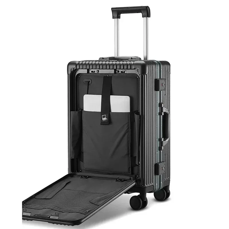 Porte-gobelet USB avec cadre en aluminium, porte-téléphone, bagage à roulettes, porte-valise, ouverture avant, 18 po, 20 po