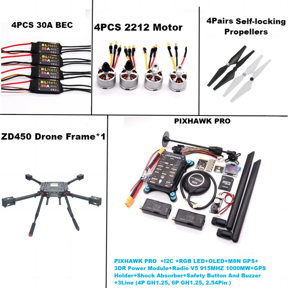 

PIXHAWK PRO Flight Control Carbon Fiber 450 Frame Kit Ardupilot 100MW Radio Telemetry Quadcopter BLHELI 30A 2212 Motor ESC