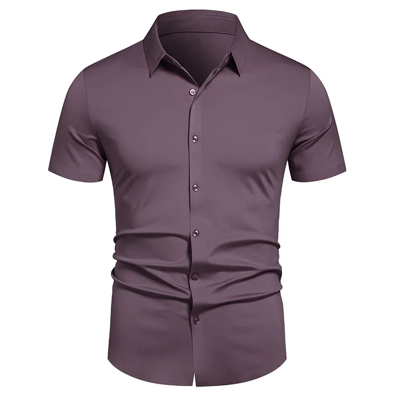 Camisa Masculina Stretch Sem Rugas Camisas Sociais Ajuste Regular Manga Curta Casual de Negócios Camisas com Botão