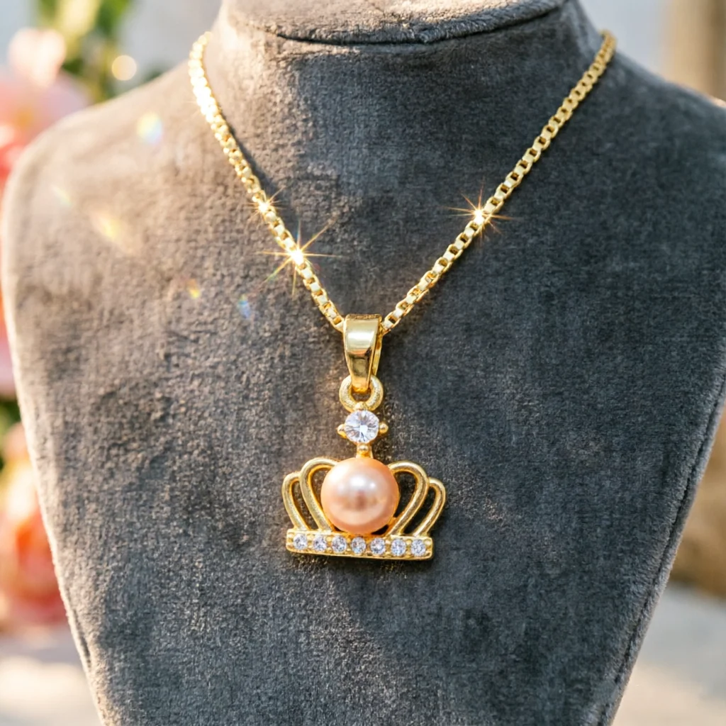 

JY ZuBo Queen Crown Necklace Light Orange Pearl Pendant 14K Gold Box Chain Women Jewelry Anniversary Birthday Gift for Her