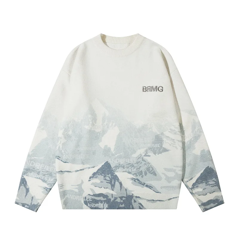 

Men's Landscape Letter Printing Sweater Loose Versatile Color Matching Knitwear Street Casual Hip Hop Couple Sweater Christmas