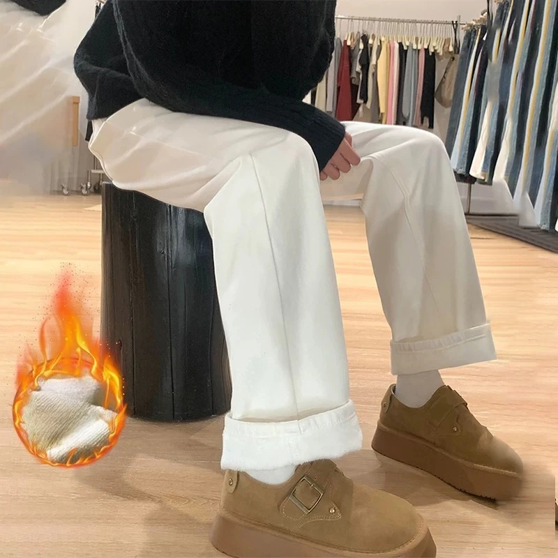 2026 Winter New Women's Fleece-lined Jeans White Loose Wide-leg Pants Straight Pants Casual Fashion Warm