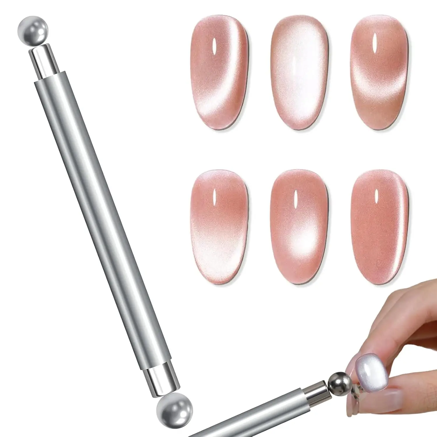 6Pcs Cat Eye Nail Magnet Tool Set Double Ended Magnet Stick Round Ball Flat Magnets Cat Eye Heart French Water Ripple Nail Art