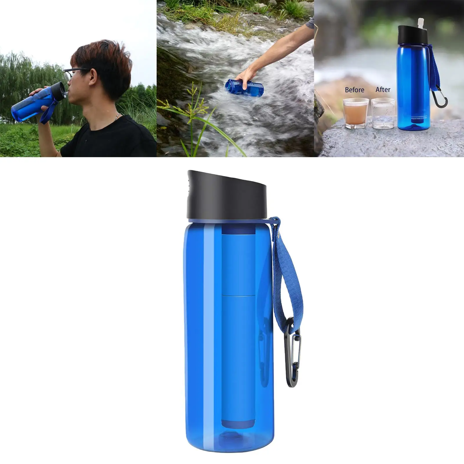 Portable Filtered Water Bottle with 4-Stage Intergrated for Camping, Hiking, Backpacking and Travel Survival Emergency Tools