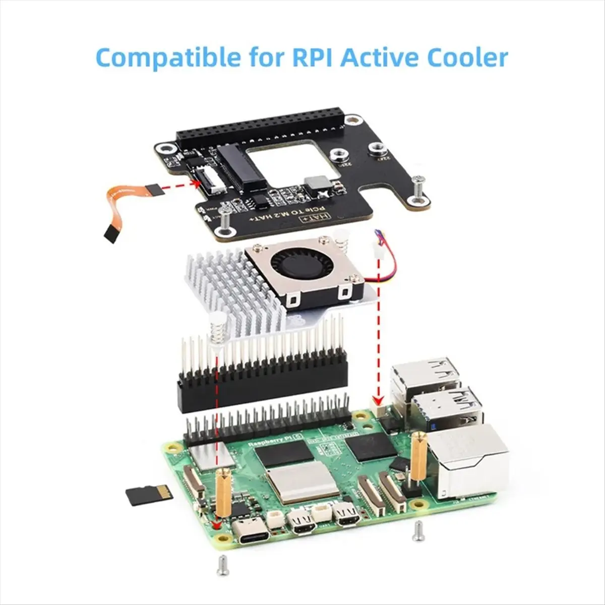 ABGN For 5 PCIe to M.2 HAT NVME High Speed Expansion Board with 16P Cable GPIO Header Support Active Cooler