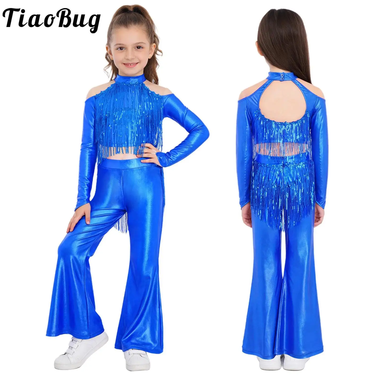 

Kids Girls Tassels Performance Outfit for Jazz Tango Cha-cha Disco Cold Shoulder Long Sleeve Sparkly Sequin Crop Top with Pants