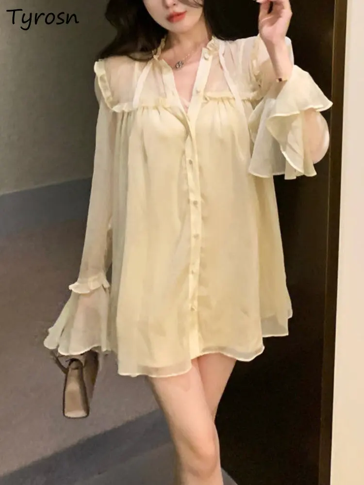 

Shirts Women Sun-proof Loose Tender Breathable Spring Casual See-through Korean Style Elegant Sweet Ladies All-match Simple