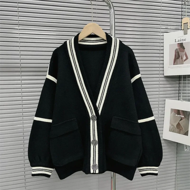 DAYIFUN-2023 New Autumn/Winter Sweater,Women,Lazy Style Spliced Pocket Design Sweater,Imitation Mink Fleece,Knitted Cardigan,Top