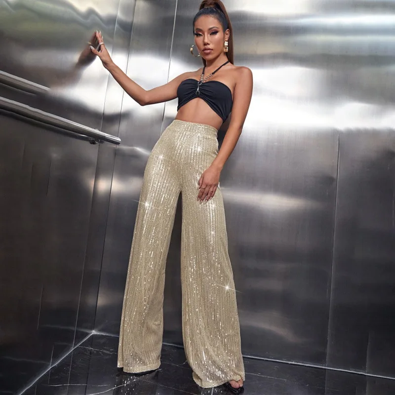 

High Waist Wide Leg Pants Pendant Summer Sequin Solid Color Fashion Simple Style All-match Solid Color Loose Party Street Wind