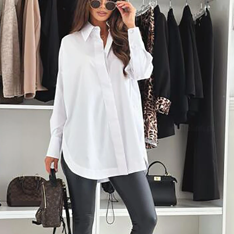 Elegant Women White Shirt Turn Down Collar Long Sleeve Blouse Women Casual Oversize Shirts Woman Autumn Pullover