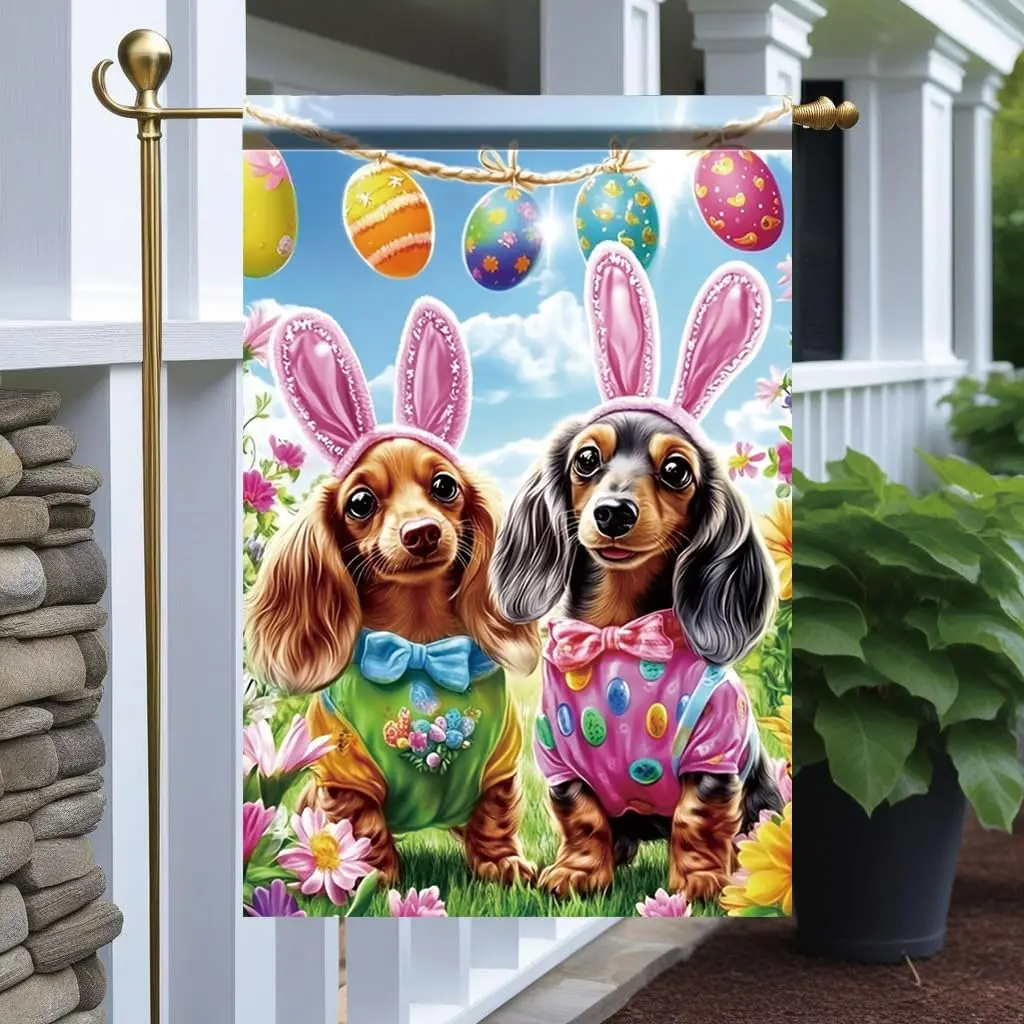 Easter Dachshund Garden Flag 12x18 Inch Double Sided Outdoor Yard Banner Cute Dogs with Bunny Ears Easter Eggs and Spring Fl EEZ