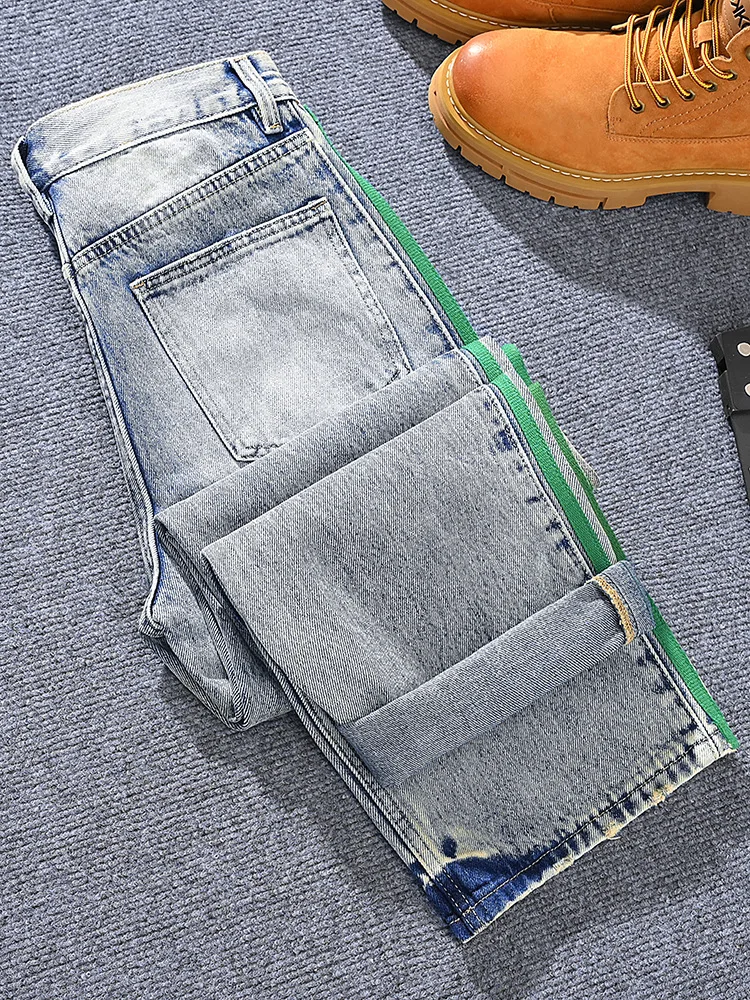 

Модные американские свободные прямые джинсы для мужчин, молодежи, ретро и модного полосатого дизайна, уличные повседневные брюки