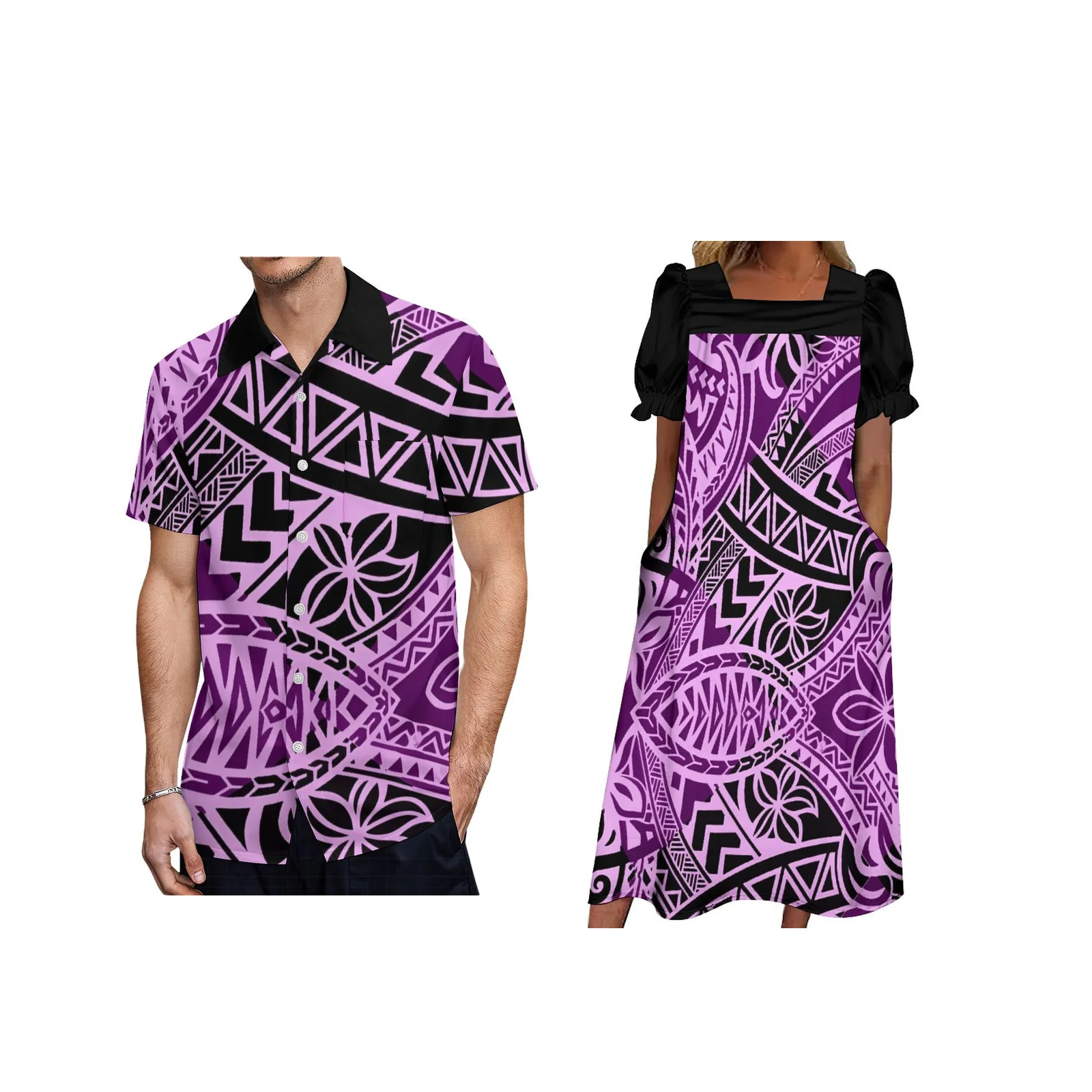 

Samoa Purple Couple Costume Polynesian Women Pocketed Bubble Sleeve Personalized Long Dress MUMU Island Men Shirt