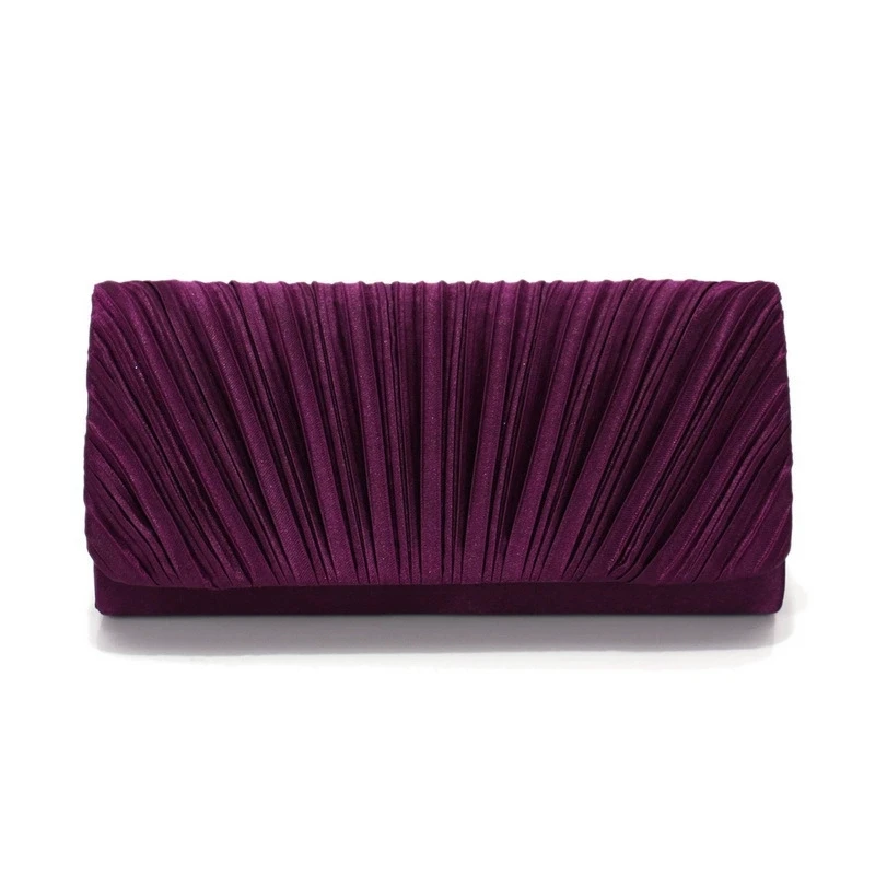 

Classic Wrinkled Silky Satin Evening Bags Pure Color Purple Pleated Handbag Wedding Party Women's Clutch with Shoulder Chain