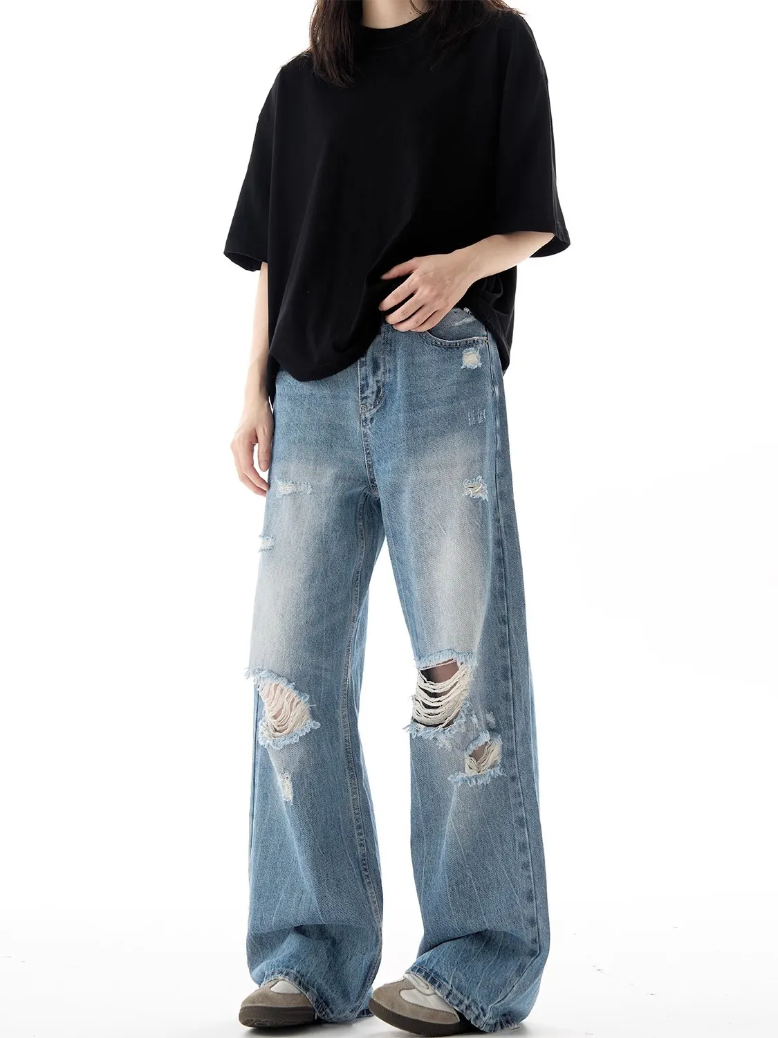 

American High Street Wide Leg Loose Straight Hole Denim Jeans Men's Trendy Cleanfit Casual Breathable Drapey Long Trousers