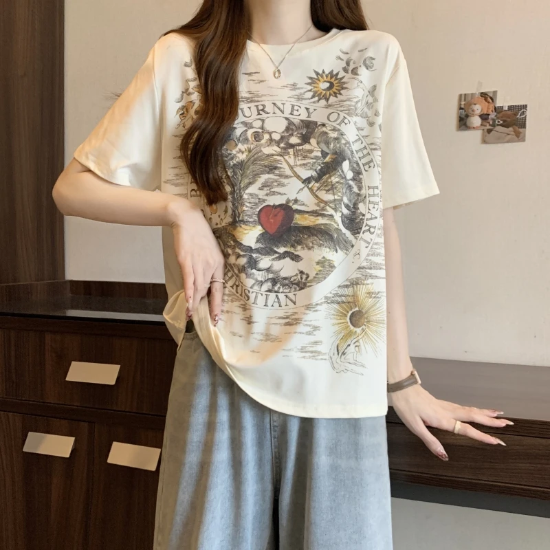 2024 High Intensity Combed Cotton Summer Dress Korean T Shirts Women Front and Back Printing Tops O Neck Short Sleeve Model Tees