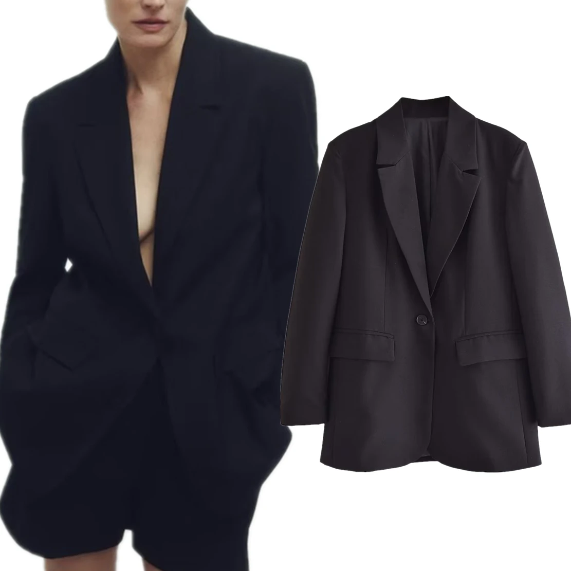 Dave & Di New British Fashion women's Black Simple Suit Jacket Casual blazer Straight Women Tops