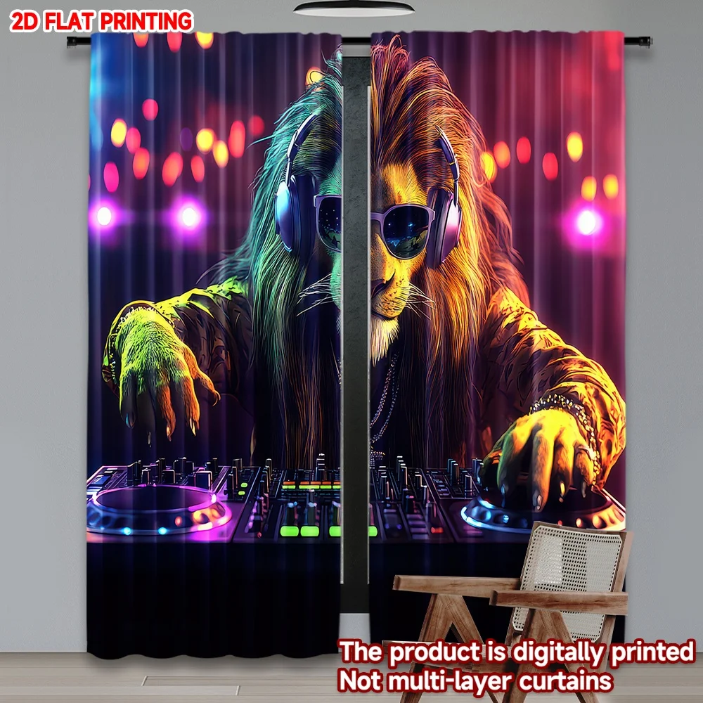 

2D flat printing 2pcs Party Curtain Lion DJ at Nightclub Digital Printed Polyester Drapes Family Party Decoration Use for All