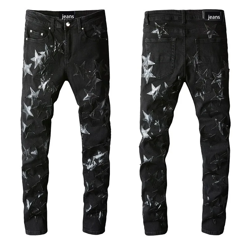 Trendy Star Print Slim Fit Jeans Men's Elastic Casual Straight Leg Blue Jeans Youth Faion Organic Cotton Long Trousers