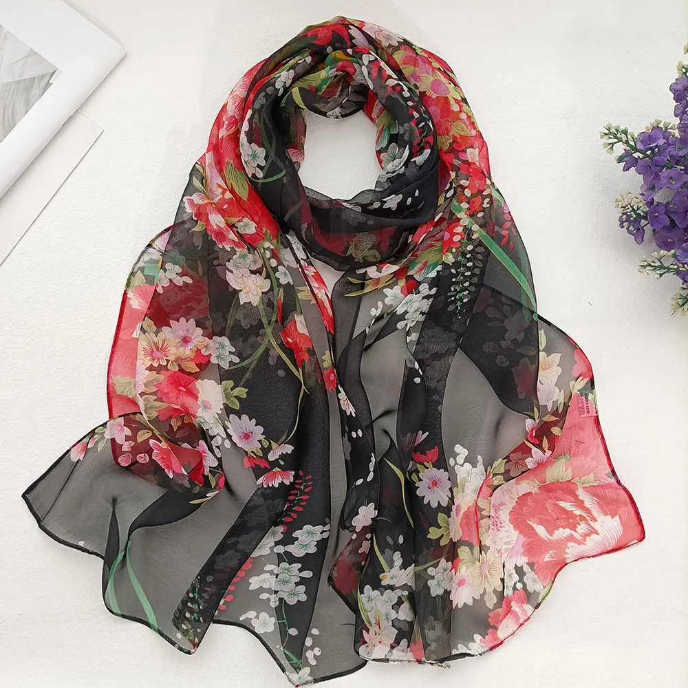 Women Foulard Elegant Chiffon Georgette Scarf Plum Bossom Summer Bandana Travel Sunscreen Thin Breathable