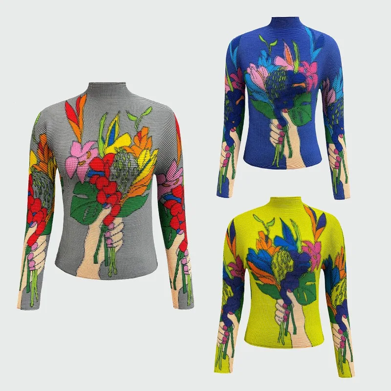 

Miyake плиссированная женская рубашка с длинным рукавом 2026, новая повседневная простая плиссированная футболка с принтом, плотная эластичная тонкая футболка, одежда