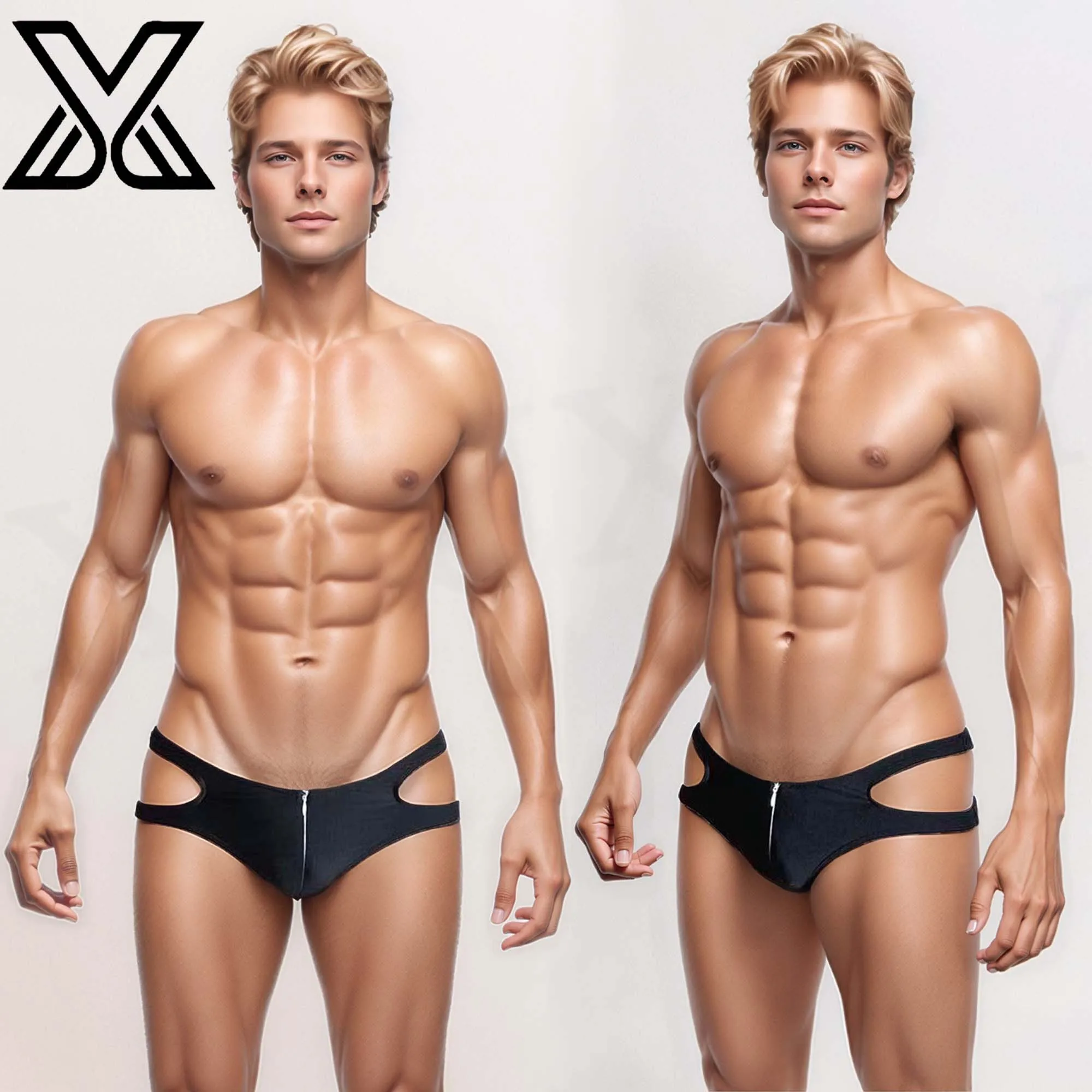 XMJXMY Sexy dating solid color low waist men's breathable high elasticity invisible zipper side hollow triangular shorts