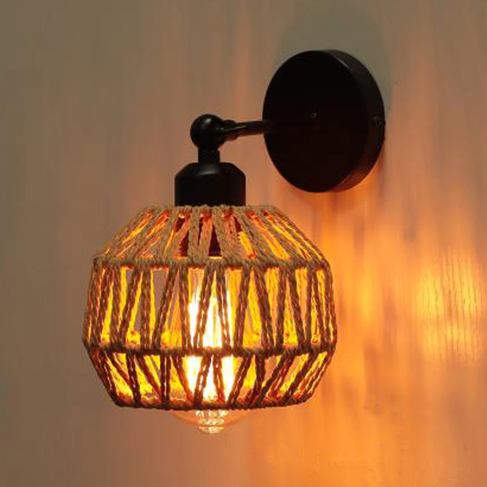 

Rattan Wall Lamp Bedroom Living Room Corridor Wall Light E27 Bedside Lamp Retro Hemp Rope Woven Sconce Indoor Lighting Fixtures