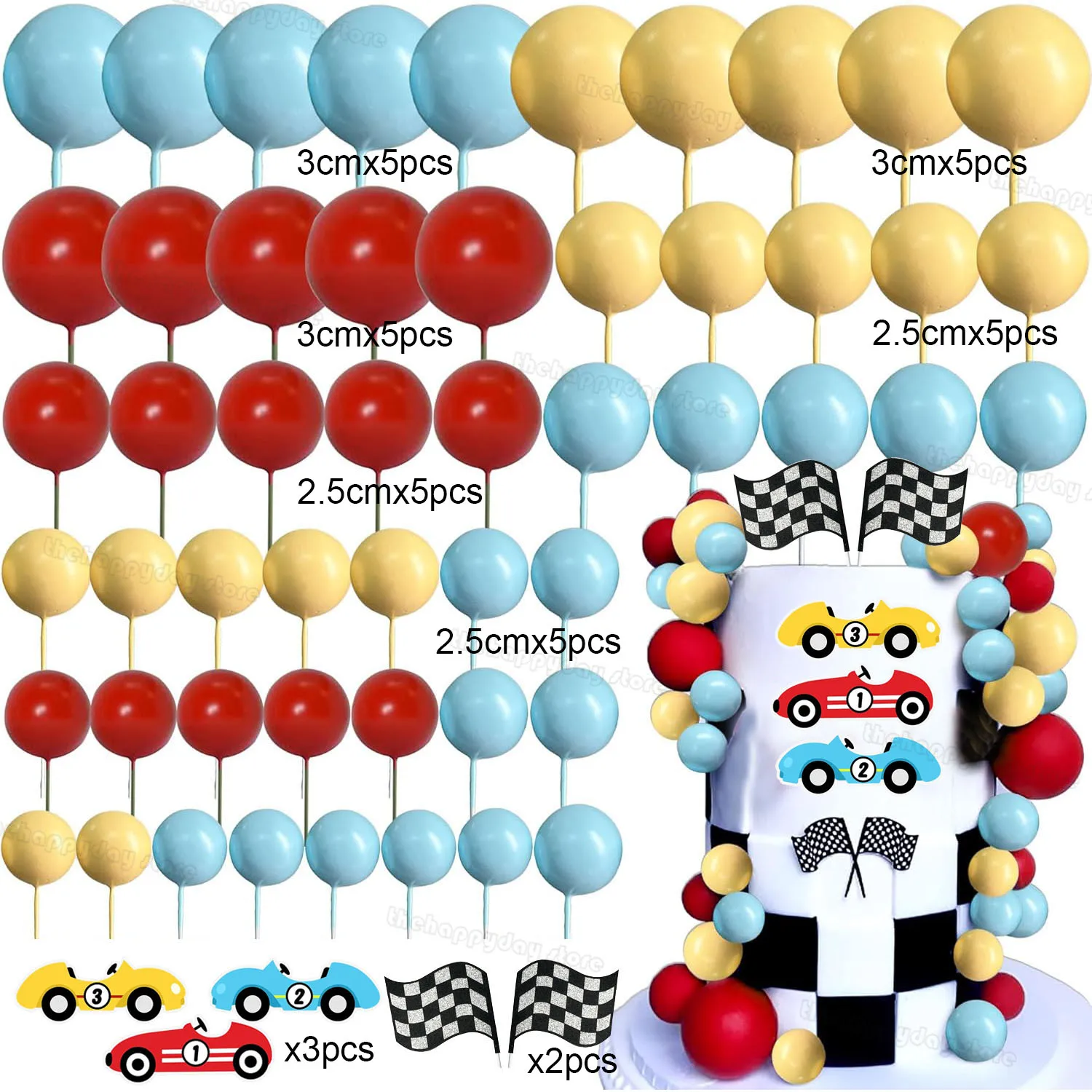 1Set Race Car Birthday Cake Decorations Red Yellow Blue Balls Cake Toppers for Racing Car Birthday Boys Girls Baby Shower Decor