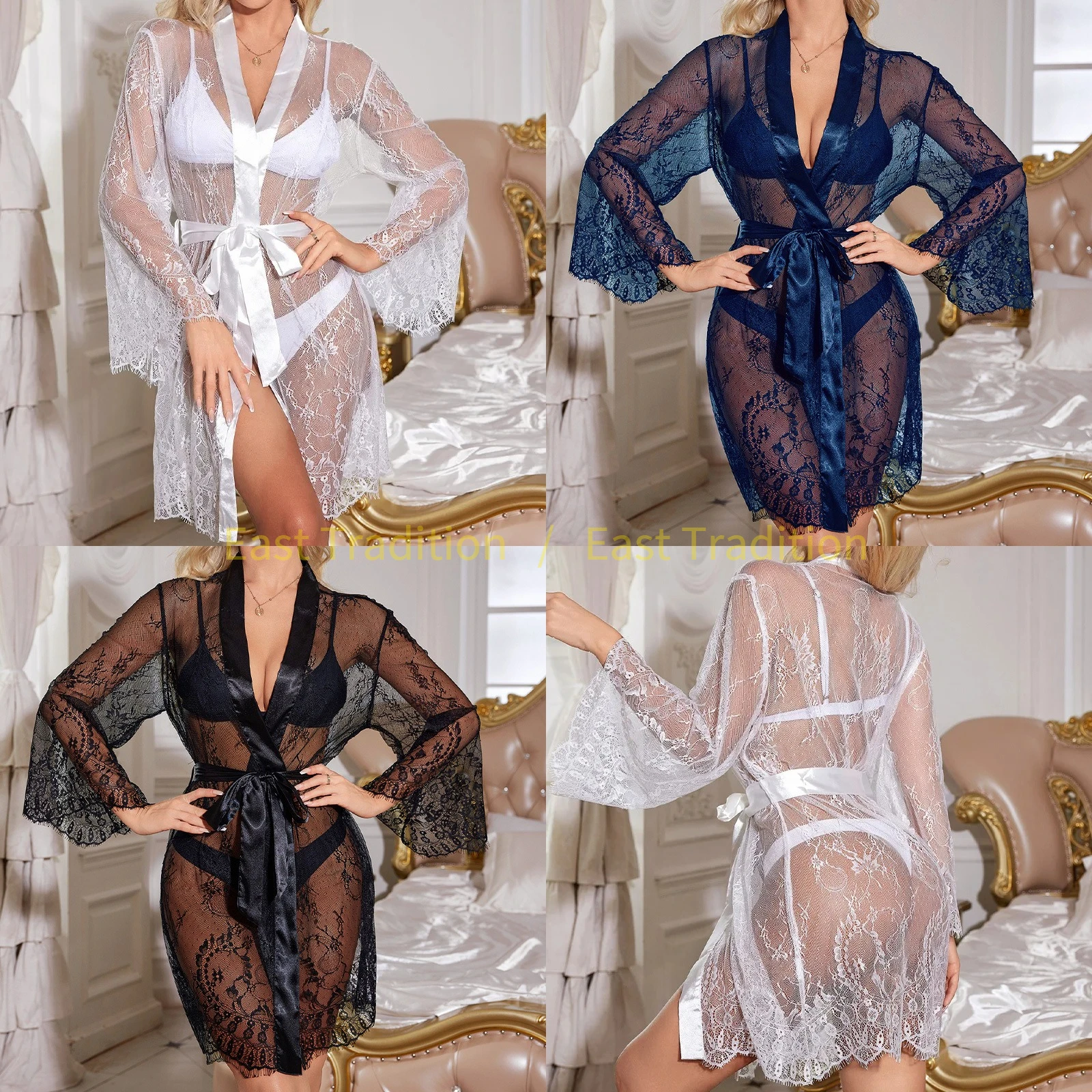 

Lace V-Neck Bathrobe Summer Women Kimono Dressing Gown Nightwear Loungewear Sleepwear Short Robe Lingerie