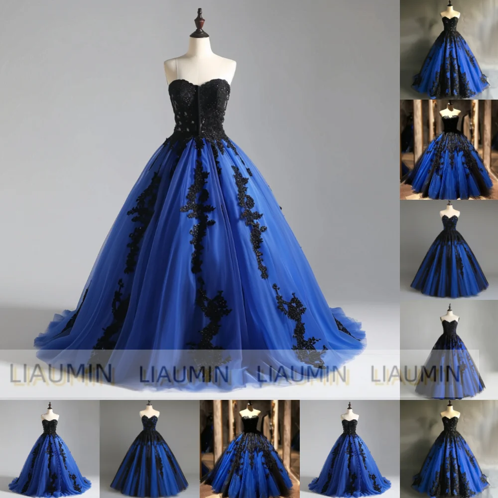 Hand Made Blue And Black Lace Applique Prom Dress Elegant Strapless Lace-up Evening Prom Stunning Dresses Customized W11-9