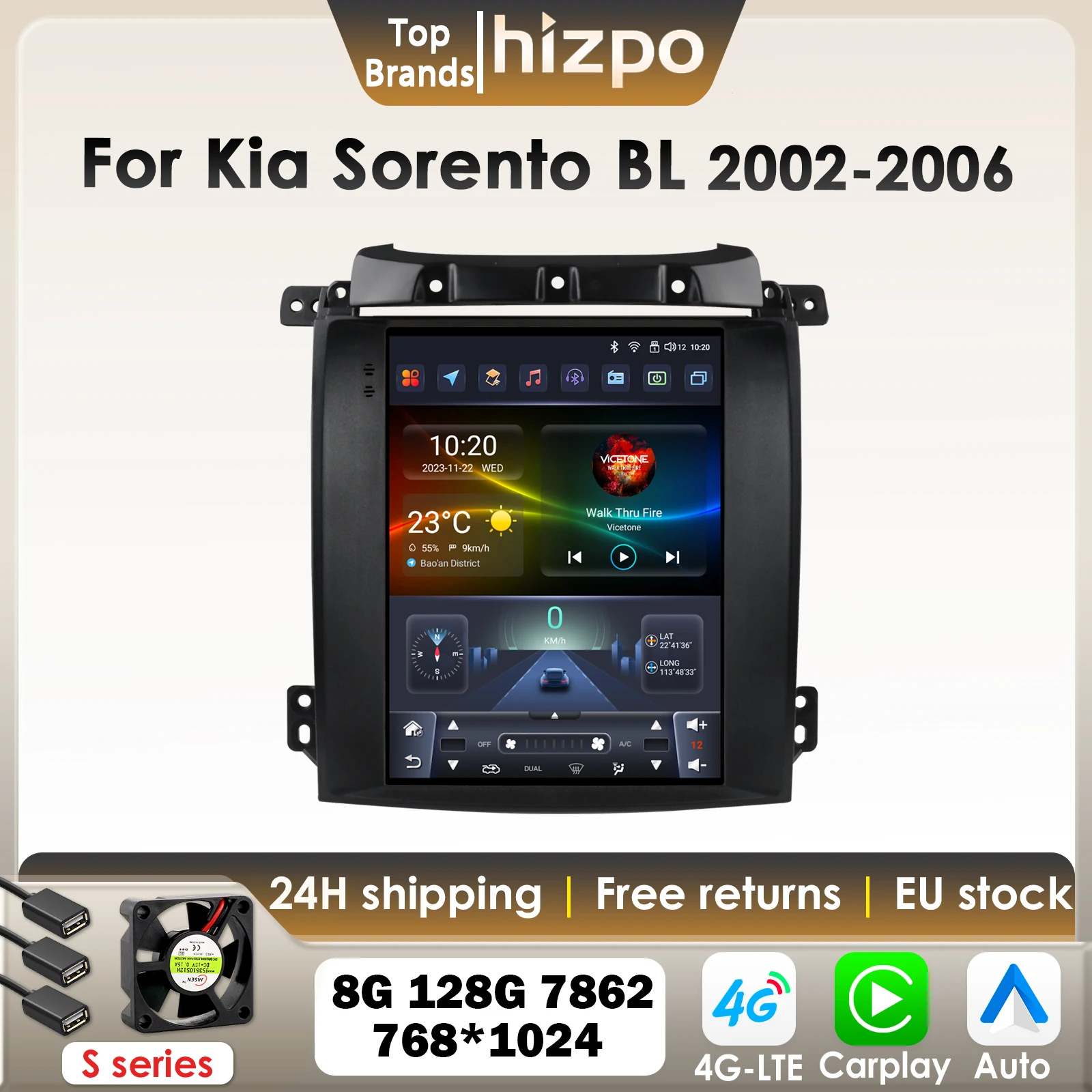 Hizpo Carplay Android Autoradio Per Kia Sorento BL 2002-2006 per Tesla Style Multimedia 2Din 9.7 "Schermo Verticale GPS 4G BT 7862