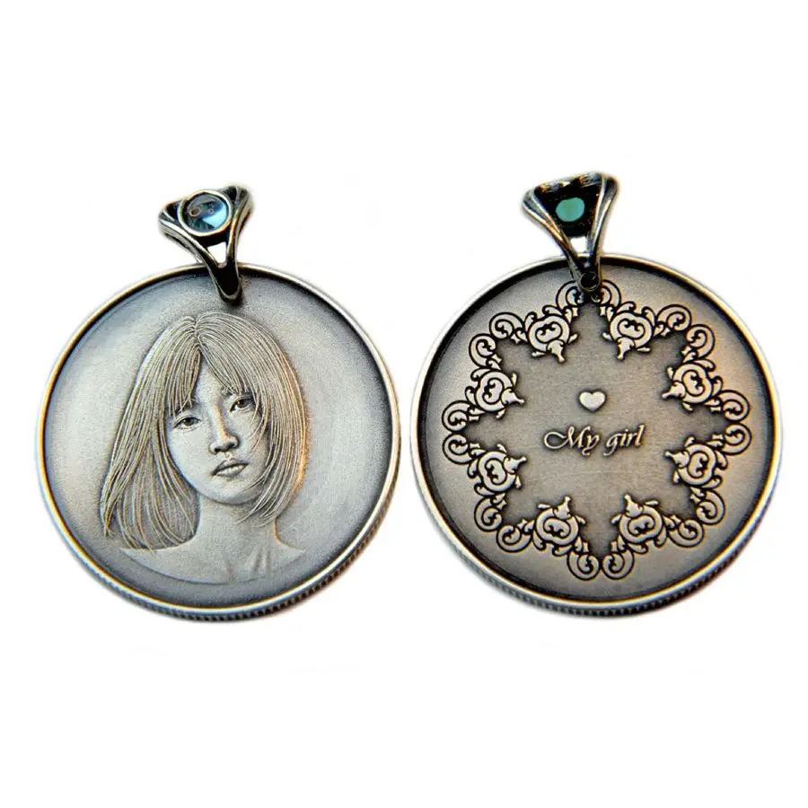 MengG S925 Portrait Photo  Customized Coin hand Engrave and 3D Relief Necklace Pendant Vintage Family Gift Parent child Souvenir