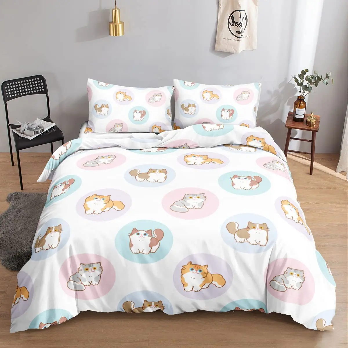 Cartoon Cat Duvet Cover Set Full Size, Cute Cat Bedding Sets For Kids Girls, Blue Watercolor Cat Comforter Covers Set All Season