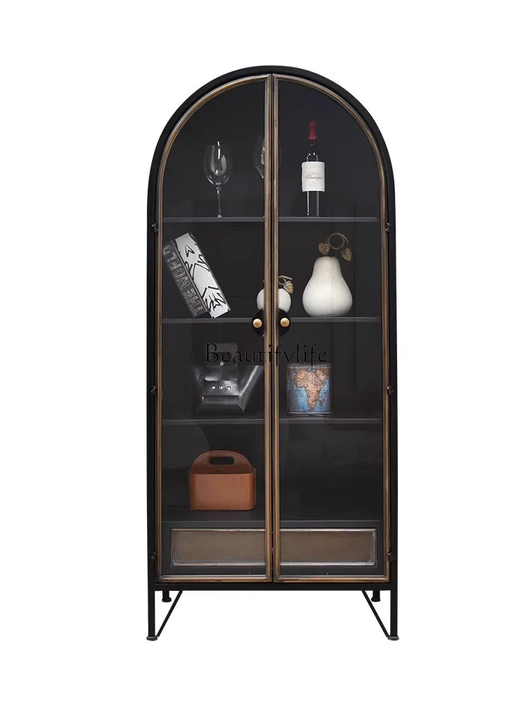 American Country Arch Wine Cabinet Retro Iron Art Industrial Style Display Cabinet Made of Glass