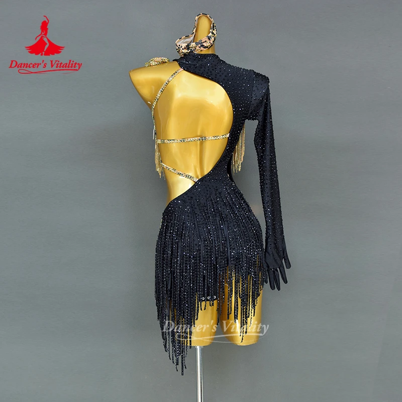 Latin Dance Unilateral Long Sleeve Dress Luxury Customize Child&Adult Competition Leopard Print Style Clothing Dancer's Vitality
