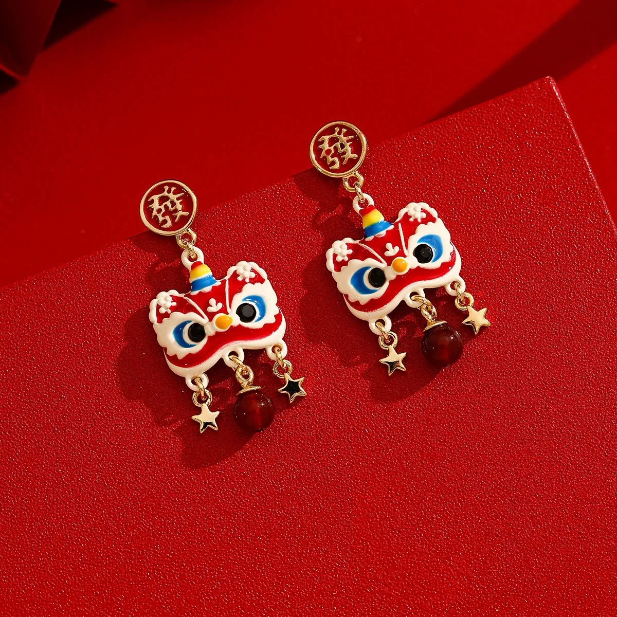 Chinese Style 2025 Red Little Lion Bell Pendant Earrings for Women The Year of The Dragon Gift New Year Festive Jewelry Gifts