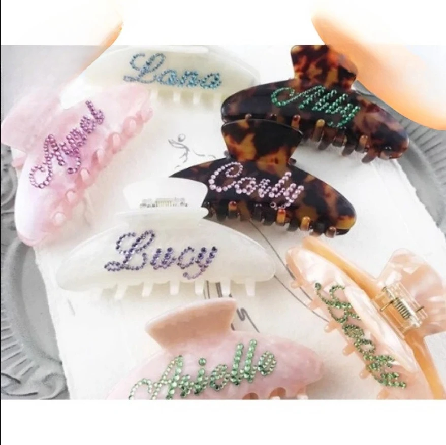 

Personalised rhinestone letter hair clips acetate hair grips,minimalist large rhinestone-embellished shark clips Instagram-style