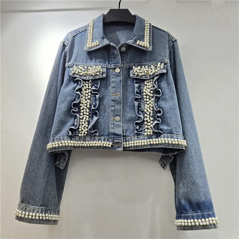 Heavy Work Pearl Beaded Diamond Blue Slim Short Denim Jacket Women Lapel Long Sleeve Fashion Ruffles Design Jeans Jacket Coat
