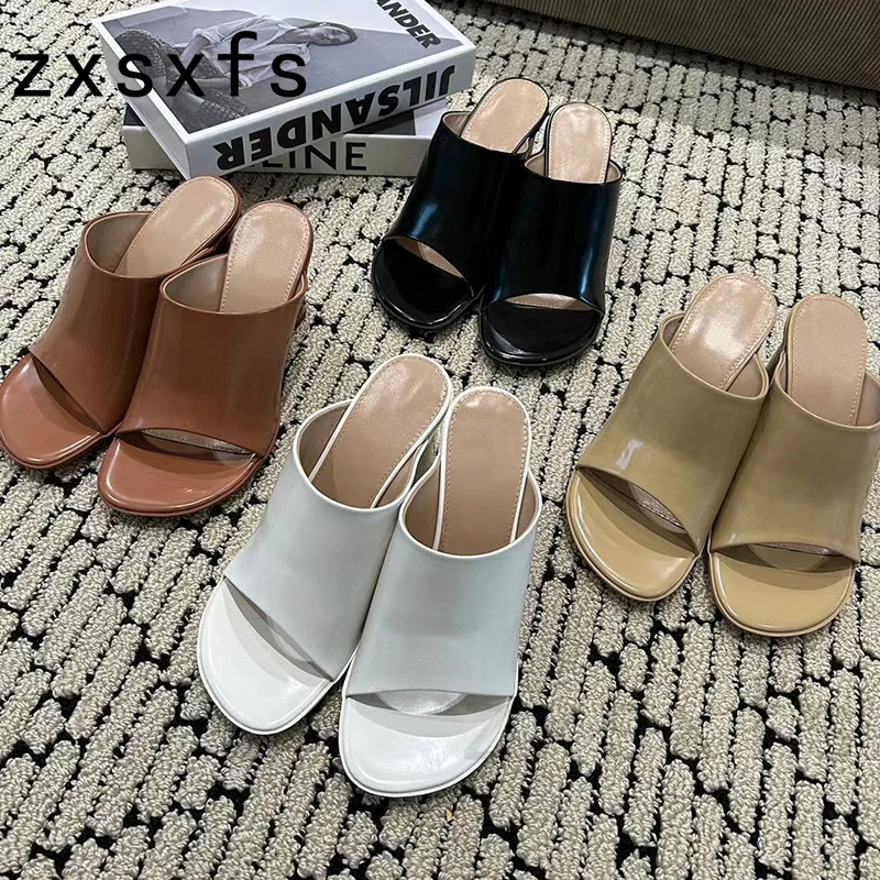 Summer Leather Round Heels Slippers For Women Slip On Peep Toe Slides Brand Designer Party Shoes Women Gladiator Sandals