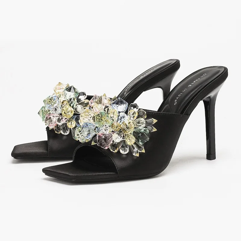

Colorful Rhinestone Decorated High Heel Slippers Women Fashion Square Toe Stiletto Slide Sandals Sexy Open Toe Party Dress Shoes
