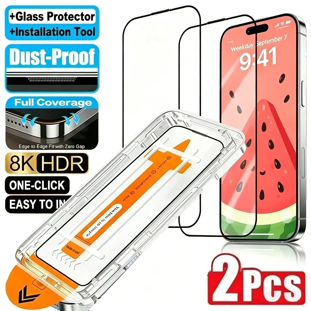 2Pcs Ultra Clear Tempered Glass for iPhone 17 16 Pro Max 17e 16e Air 15 14 Plus 15 14 13 Pro One Click Easy Installation Glass