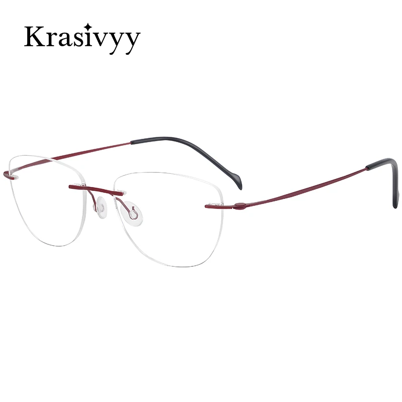 Krasivyy Cat Eye Rimless Glasses Frames Women Pure Titanium Ultralight Screwless Myopia Prescription Eyewear Ladies Eyeglasses