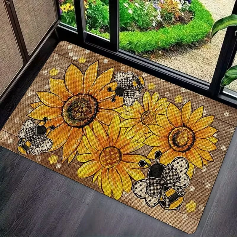 Sunflower Bumblebee Plaid Bow Pattern Non‑Slip Doormat, Rustic Style Rug for Home Entrance Porch Indoor Daily Household Decor