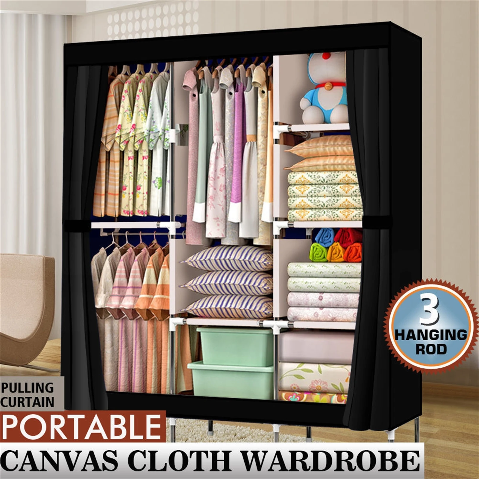 

71" Portable Closet Wardrobe Clothes Rack Storage Organizer with Shelf Black